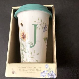 Lenox Double Wall Ceramic Thermal Travel Mug, NEW, Letter: “J”